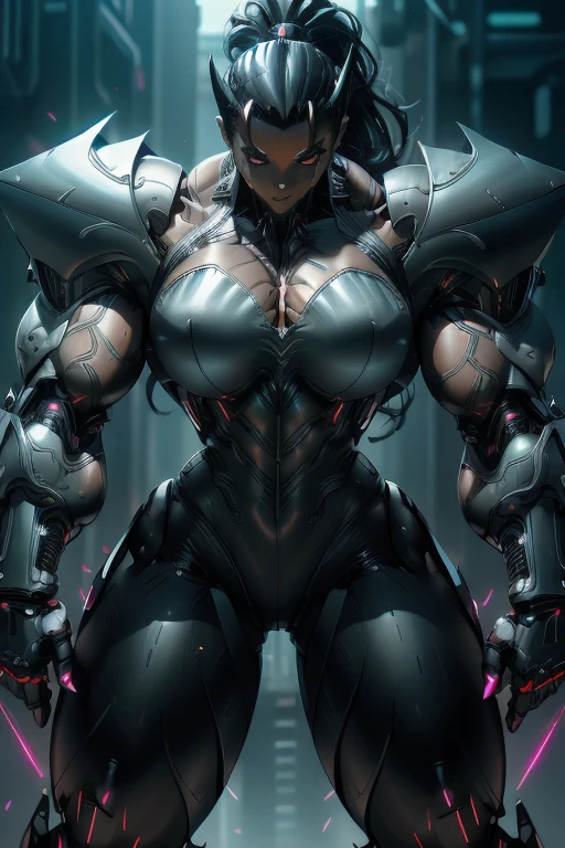 ((Close-up)), tall, (black hair) beautiful muscular woman, long straight hair, light brown skinned, closed smile, (black lipstick), (massive muscles), (hyper muscle), (ginormous bulky muscles), glowing orange eyes, ((full black cybernetic suit of armor)), (cybernetic pants), choker, boots, in a neon city,