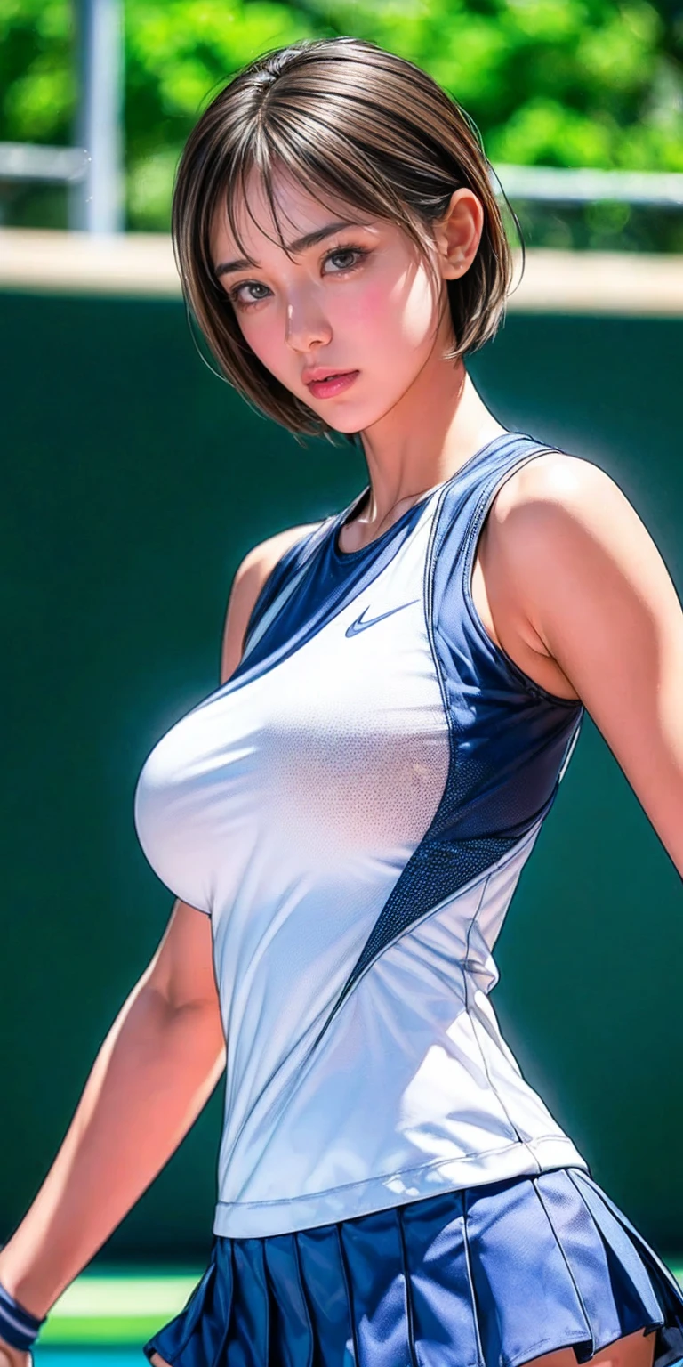 1girl, solo, white polo shirt, white sneakers, tennis wear, white miniskirt, masterpiece, best quality, realistic, hyper-detailed, (shiny skin, sweaty:1.4), absurd, looking at viewer, short black hair, brown eyes, slender, dynamic lighting, high resolution, sharp focus, depth of field, detailed eyes, sharp pupils, realistic pupils, (small breasts:1.6), (thick thighs:1.0), outdoor, sky