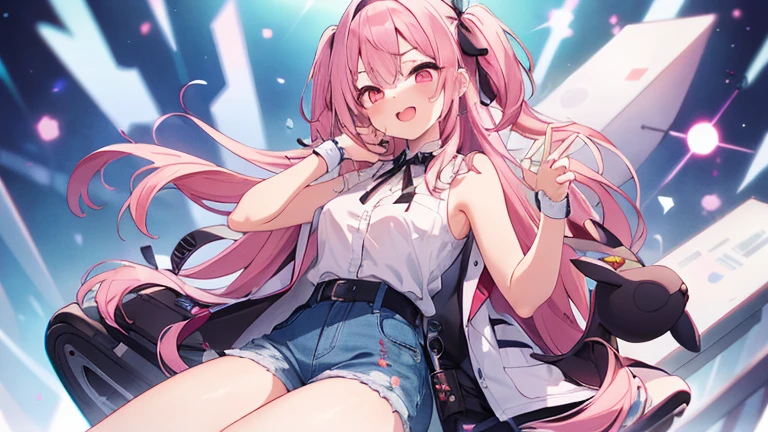 cute and sexy girl, pink hair, a bunny girl, ultra realistic, detailed lighting, anime, having  