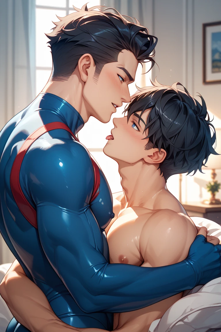 2 hombres, cuerpo completo, vello facial rapado, superman asleep and masturbated d by another small nerd gay guy on the bed, bulto grande, solo ropa interior, enorme_, mostrando pectorales y abdominales completos, mostrando, wet dreams, Great erection, bulto grande, besos, gay pornographic