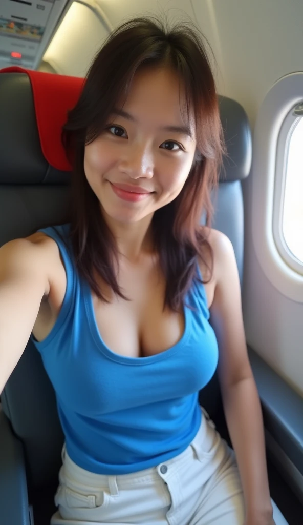 top-quality, masterpiece, 8K, 超A high resolution, (Photorealsitic:1.4), 1girl in、Beautiful face、symmetrical eye、Colossal 、Perfect body proportion、Stewardess uniform、Look at viewers、(Inside the plane:1.2)、front-facing view、Shoulder、Absolute area(1.3)、A smile erotic sucking on a penis blowjob nude