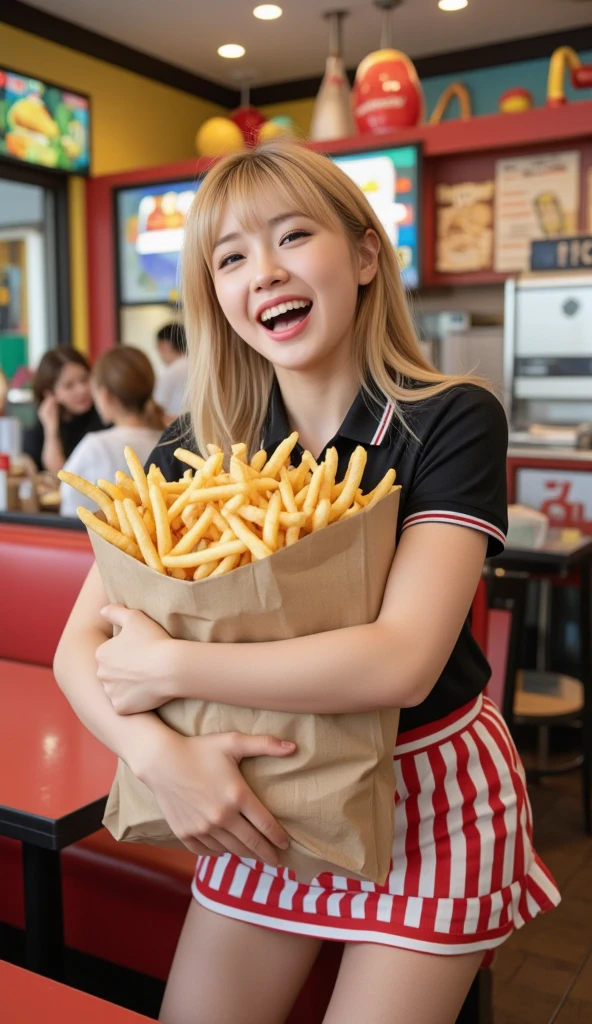 arafed girl holding a hamburger in front of a shelf of hamburgers, super realistic food picture, realistic style, eating burgers, realistic artstyle, realistic art style, realistic food, girl in real life, realistic lighting, serving burgers, realistic young girl, eating a burger, photorealistic girl ,