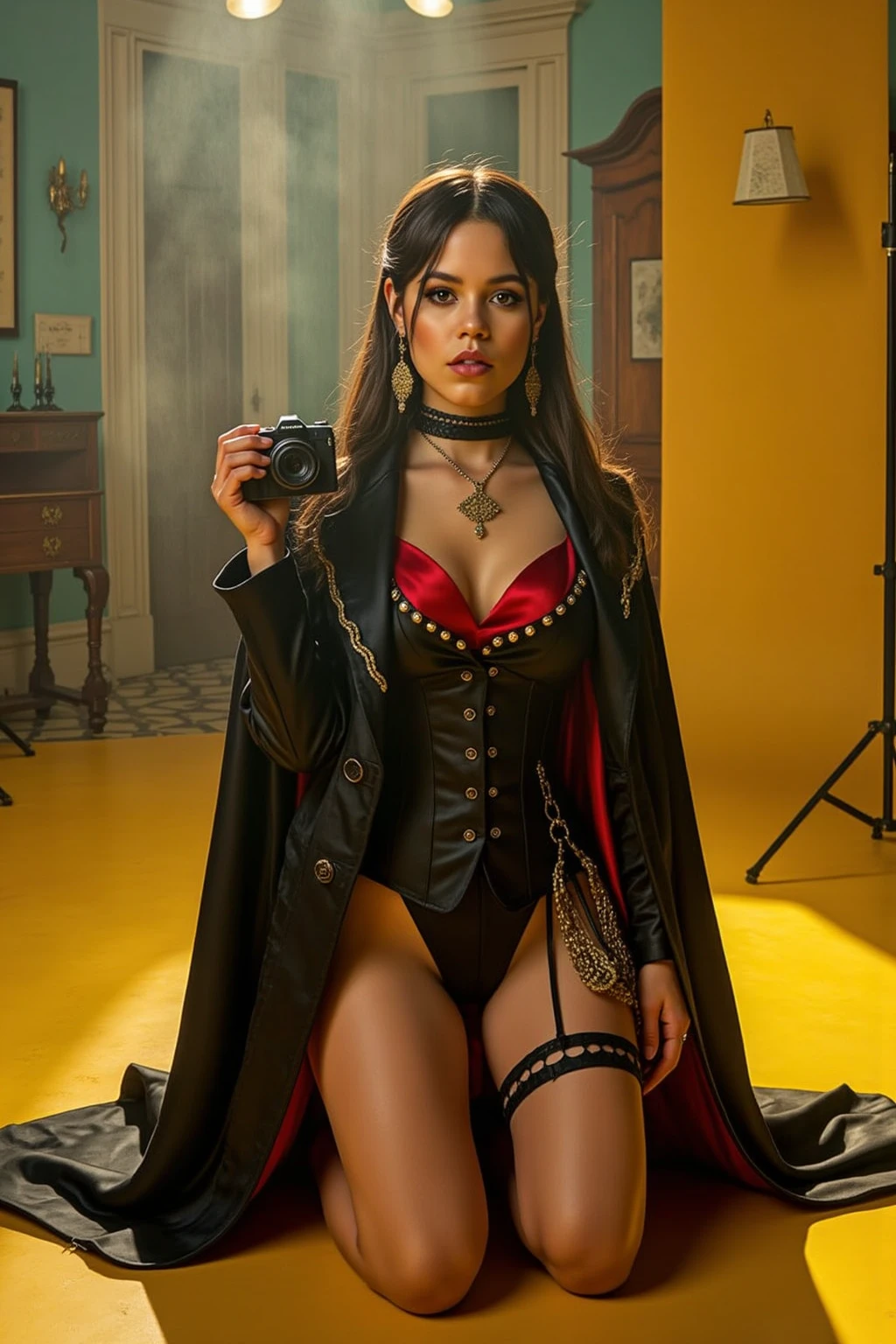 White girl with long black hair pulled back in braids. She's standing on a stage by herself. She's wearing skin tight white spandex pants and an oversized magicians jacket with long coattails. It is black. She has an ((enormous butt)) that the coat hangs off the sides. She has bright red lips and dark eyeshadow with red points. She is wearing a white corset top that is very tight. She is very thin except for her thighs. Her thighs are chubby. She's holding a black magicians hat upside down in both hands. a black wand is floating above it. With blue ethereal flames radiating from the top of the hat. ((she is amazed)). ((REALISTIC)). Full body shot. Facing to side of stage. ((Side profile))