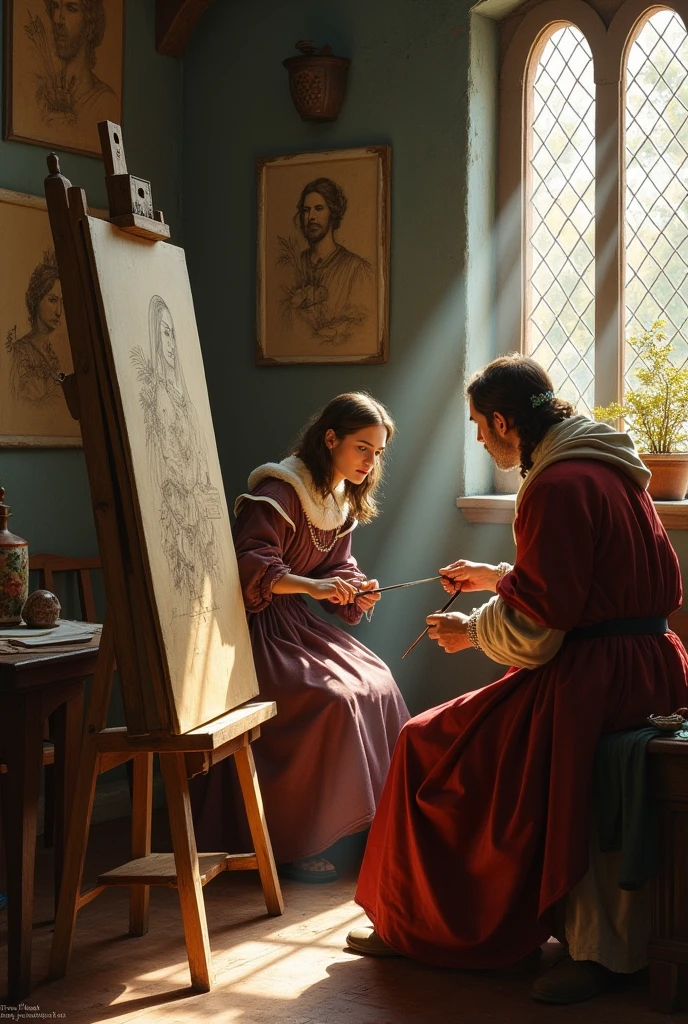 Scene with two characters, an old man and a woman. Draw this scene in a Renaissance studio softly lit by natural light. In the center of the scene, Mona Lisa stands in front of a large painting. She is wearing a painting apron and is holding a paintbrush., applying paints to the canvas. Her dark hair falls softly over her shoulders, and she is focused on creating a portrait of Leonardo da Vinci.
Leonardo da Vinci sits in a tall carved wooden chair, observing the work of Mona Lisa with an expression of wisdom and tranquility. He has a long white beard and a look of pride and patience., reflecting respect and admiration for the young artist.
The environment should reflect the Renaissance atmosphere with rich tapestries on the walls and shelves full of books and scrolls.. The soft light coming through the arched windows should create an ethereal effect in the scene., highlighting the interaction between the two artists.
---