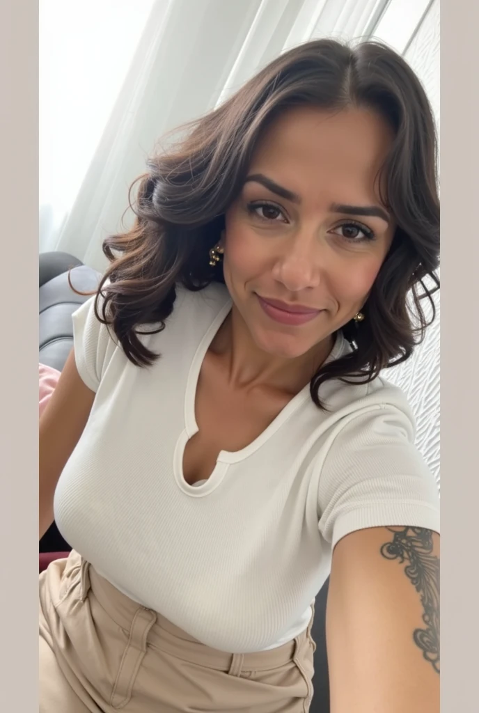 beautiful woman of 45 years old, looking directly at the camera, very realistic, instagram selfie, closeup face, , film grain, fit muscular body, big breasts, focus on face, clothes too tight, disappointed in viewer　Gold eyes,	Red、Wave Vintage Dress、Antique Shop Vintage Style、Retro	(((White)))