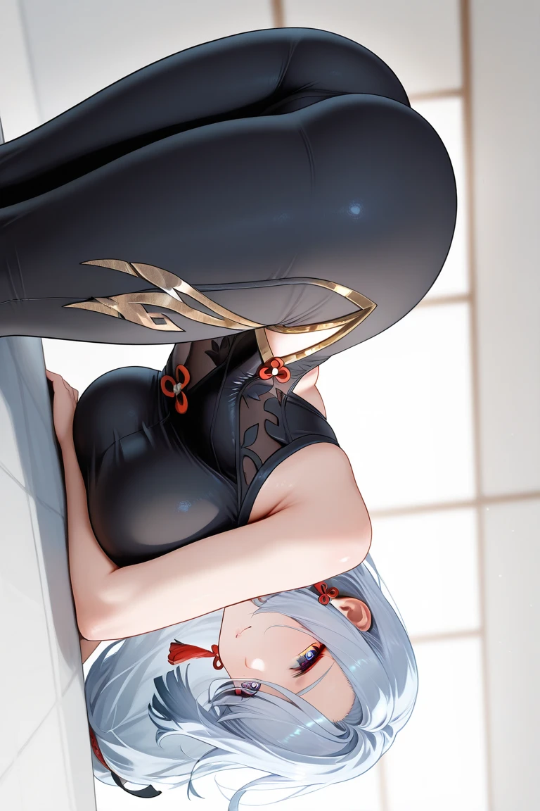 Hyper-Resolution,8K RAW,,best qualtiy,Shen He,nedium breasts,cleavage,cleavage cutout,very high res,Redlip,long whitr hair,whaite hair,nakeness,Wearing white stockings all over,Bigchest,Long legs,full bodyesbian