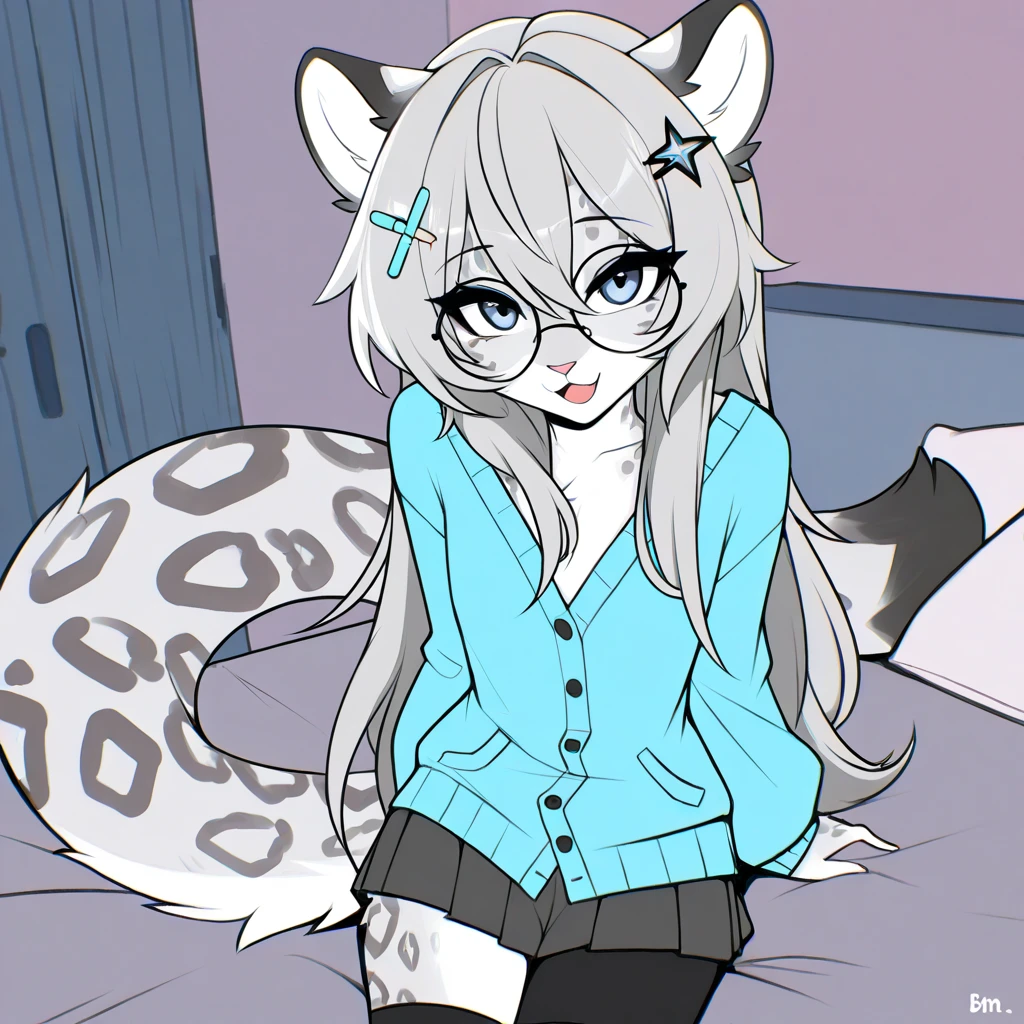 score_9,score_8_up,score_7_up, (a young nerdy Anthro furry wolf woman, wolf snout, white furry body, tall, awkward, long black messy hair, hair covering one eye, Blue eyes, black glasses, small breasts)naked, sex, cowgirl position sex, she is straddling human male, facelesss human male, human male is cropped out, she is wearing only black thigh high socks