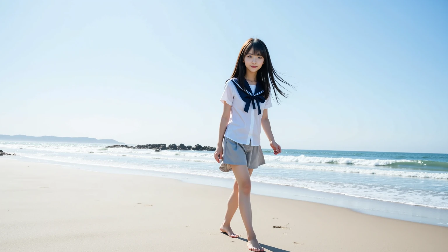 Asian real beauty girl photo, sailor suit swimsuit, slightly fat, walking on the beach, SLR on Hawaii Island (brilliant sun, villa beach, calm waves), blur, Tyndall effect, edge glow, soft --auto --s2