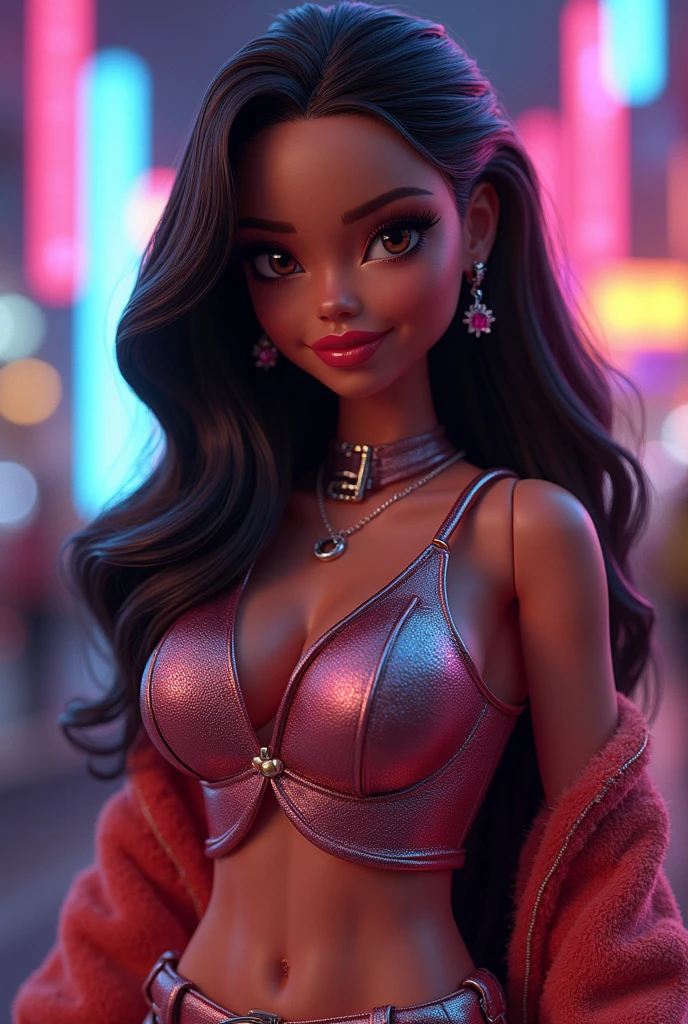 In the foreground a beautiful Bratz-style girl with casino chips in her hands. She has black hair and brown eyes. She can be seen full-length and looks straight ahead.