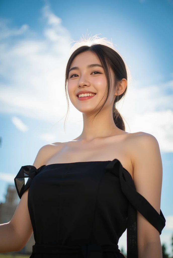 photorealistic, raw photo:1.2), hyperrealism, ultra high res, Best quality, masterpiece, 8k, bright backlighting, realistic light, 
a korean 18 years girl, smile, 
In the image, the woman stands confidently, It's daytime, likely midday, given the natural light's brightness and the clear blue sky with minimal clouds in the background. Soft shadows suggest the light isn't directly overhead but perhaps late morning or early afternoon. Her expression is pleasant, with a subtle smile and eyes meeting the camera, reflecting a warm and engaging personality.

She's in an open space that feels expansive, on a flat surface that could be a paved urban or suburban area. No specific architectural features or landmarks are in sight, offering a clean background that draws attention to her presence. The lighting brings out the scene's true-to-life colors, enhancing the visual appeal of the setting.

The woman in the photograph is wearing an elegant, off-the-shoulder, sheath-style dress in a soft, creamy red tone. The dress is designed with a gentle, draped neckline that suggests a cowl-like effect, enhancing the garment's fluidity and grace. It features a snug fit that contours to her figure, accentuating a slender waist before proceeding into a straight fall, which is likely to continue down to a full-length hem. The fabric appears to be satin or a satin-like material, given its smooth texture and the way it catches the light, giving off a subtle sheen.

Her pose is poised and graceful, with her left arm bent at the elbow, and her hand gently raised in a soft wave, implying a gesture of greeting or acknowledgement. She has a delicate build with balanced proportions and a statuesque posture that complements the sophisticated attire.

Adorning her neck is a choker-style necklace, which is simple yet statement-making, possibly made of silver or a similar reflective metal, contributing to her polished look. Her hair is styled in a natural, straight manner with a slight parting to on