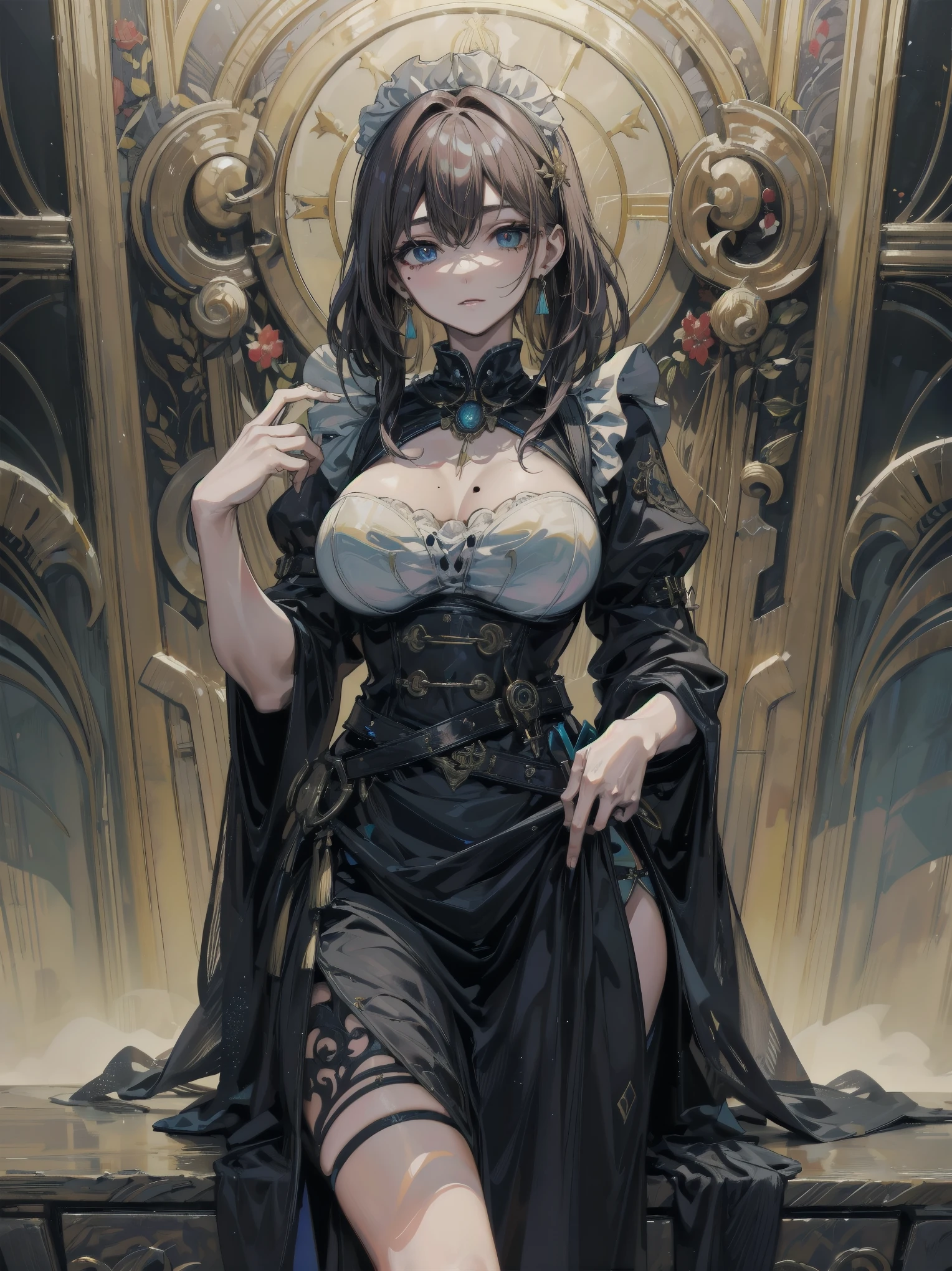 absurdres, RAW photo, extremely delicate and beautiful, masterpiece, Best Quality, ultra high resolution, 32k, hyperrealistic, ultra-detailed, detailed background, landscape, perfect anatomy, anatomically correct, perfect figure, Perfect Style, Perfect balance, super Detailed skin, in her 30s, very Slim body, narrow waist, very small head, very small face, delicate facial features, handsome detailed woman, very detailed eyes and face, realistic face proportions, Realistic beautiful face, Realistic beautiful eyes, tearful mole, earring, very huge round tits, whole body shot, medium hair, asymmetrical hair, indoor, steampunk fashion, blouse, short skirt, off shoulder,