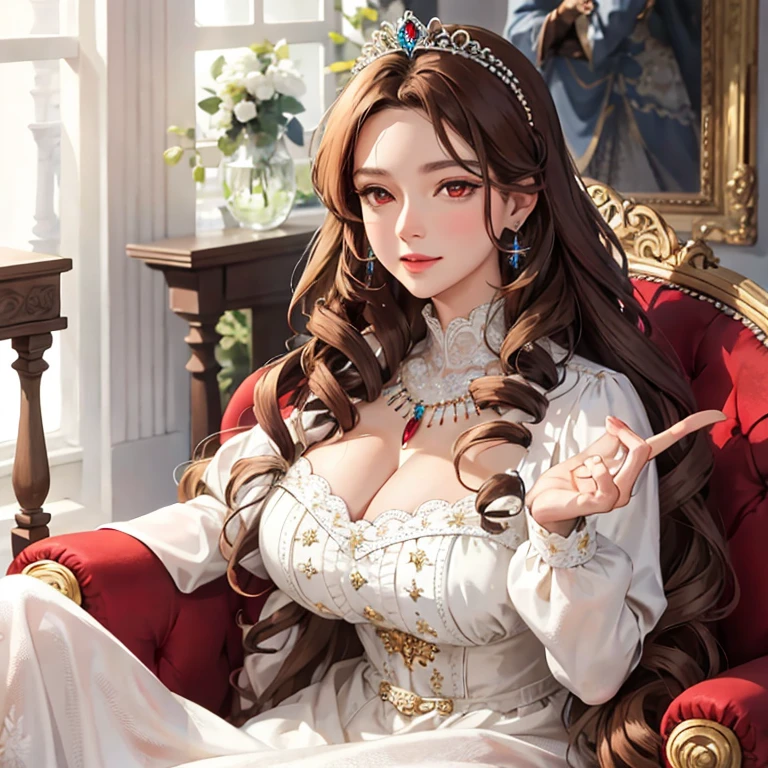 girl,Princess,long wet ponytail brown hair,diamods crown,he tall,sexy pose princess,super big breast,(P cup),age 17,cheerfull,happy and smile detailed face,sexy long princess clothes and long skirt outfit,full body,red peach lips,sitting on royal palace,princess hold a bouquet of flowers,princess drinking tea,in the crowd royal palace,her nose was red on royal palace