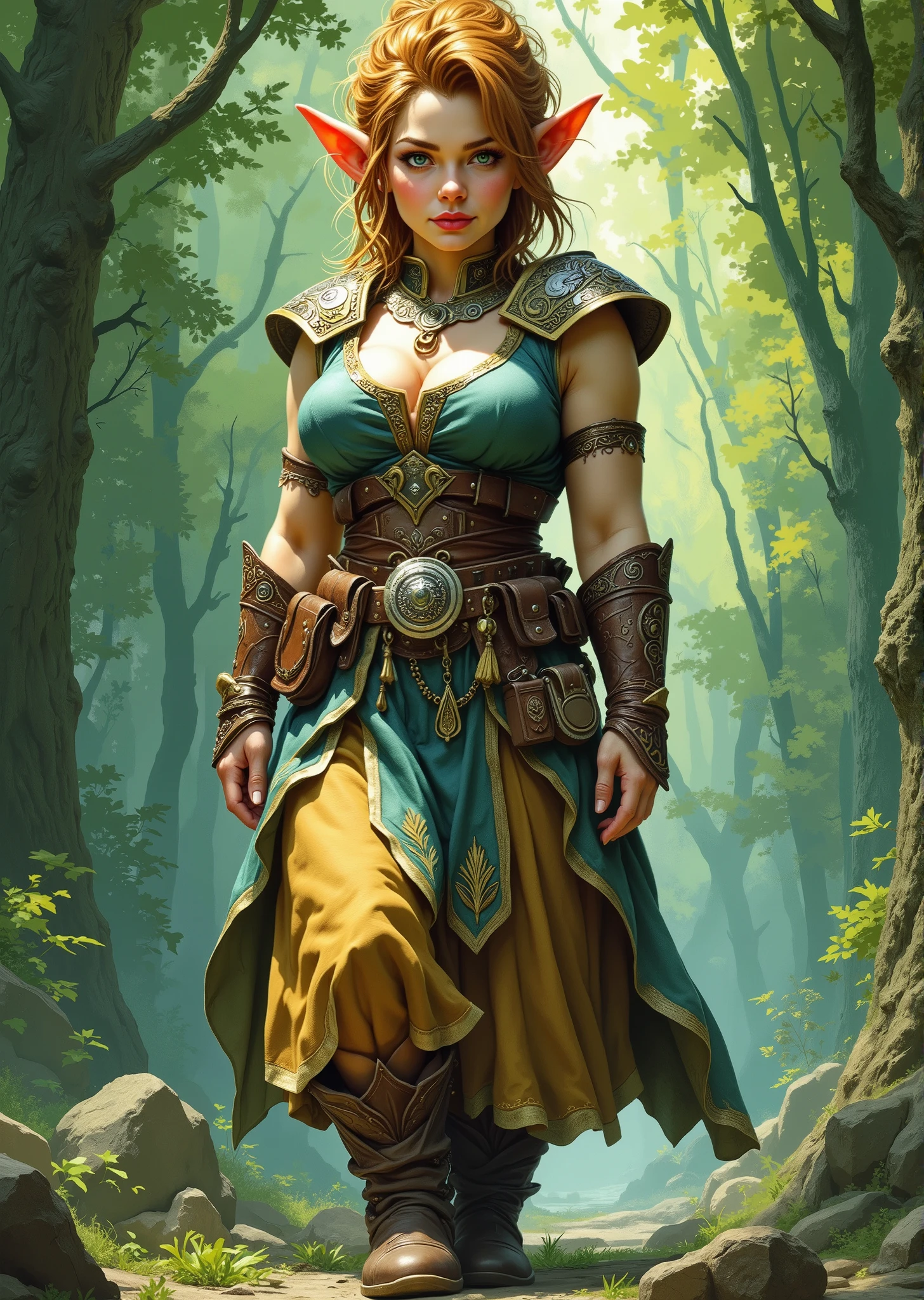 An extremely detailed comic book illustration of a stunningly beautiful extremely curvaceous Gnome from Dungeons and Dragons petite magical folk with big eyes and pointed ears created by gods of invention and illusion seldom seen by other folk due to the gnomes' secretive nature and their propensity for living in forests and burrows making up for their small size with the cleverness trained as a berserker barbarian from dungeons and dragons heavily muscled powered by the primal forces of the multiverse that manifest as Rage more than a mere emotion this Rage is an incarnation of a predator's ferocity a storm's fury and a sea's turmoil wearing a form fitting sleeveless tunic which appears tough and rugged and emphasizes her massive breasts and extremely long legs with ornate shoulder pads that are intricately designed made of hardened leather a broad embellished belt cinches the tunic adorned with metallic accents and intricate patterns with various decorative elements hanging from it suggesting both style and functionality over a flowing layered skirt that is shorter in front and longer in the back made of a rich fabric whose hem is trimmed with golden details with hardened leather arm guards or bracers that complement her outfit and provide extra protection blending functionality with an aesthetic that signifies her strength and nobility as a warrior in an art style inspired by Frank Miller and Conan the Barbarian. The Background is awash in textured brushstrokes of forest green and natural earthy tones. Standing in a dynamic action pose. Trending on Art Station.
