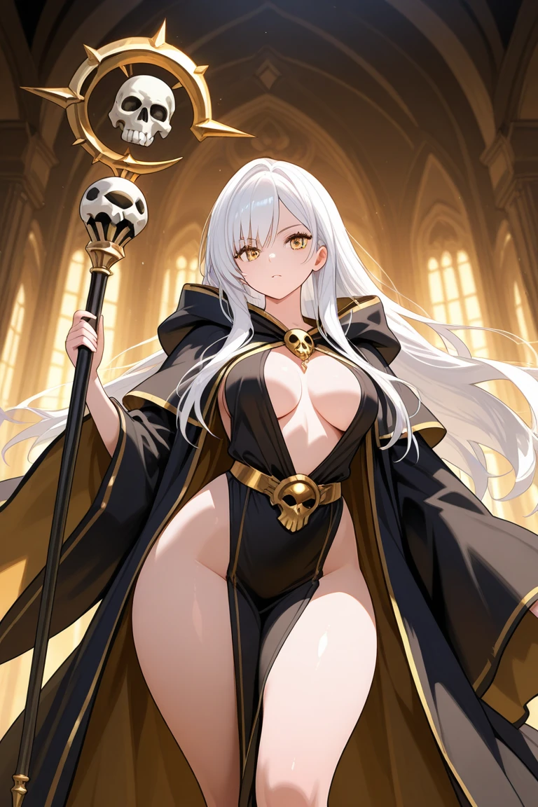 (8k, best quality, masterpiece:1.2),\(Eye details\),\(Facial features details\),(\(Clothes details details\)\),(1 girl:1.3),solo,full body,36 years old,(Gray Hair:1.2),gold pupil,gold eyes,(Left bangs:1.25),Cover your bangs,Single braid,huge ,large breasts,(Dark wizard robes:1.3),(upperboob:1.2).(Holding a staff),[Magical and complex gaming equipment｜Set with rubies]Magic Staff,发光的Magic Staff.Ruins Background,(Ruined marble wall)+(ivy covered wall:1.3),Crows circling in the sky，The air is stagnant，Big cloudy day，[Brownish red fur｜Slim body type]Giant Demon Wolf,(The wolf climbs the wall)