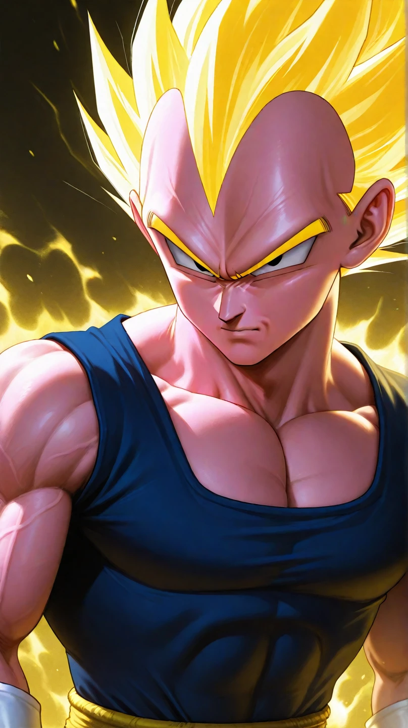 8k portrait of muscular vegeta, yellow hair, blue eyes, intricate, elegant, highly detailed, full body, majestic, digital photography, art by artgerm and ruan jia and greg rutkowski, black hair, beardless face, broken glass (masterpiece, side lighting, beautiful finely detailed eyes: 1.2 ), hdr,