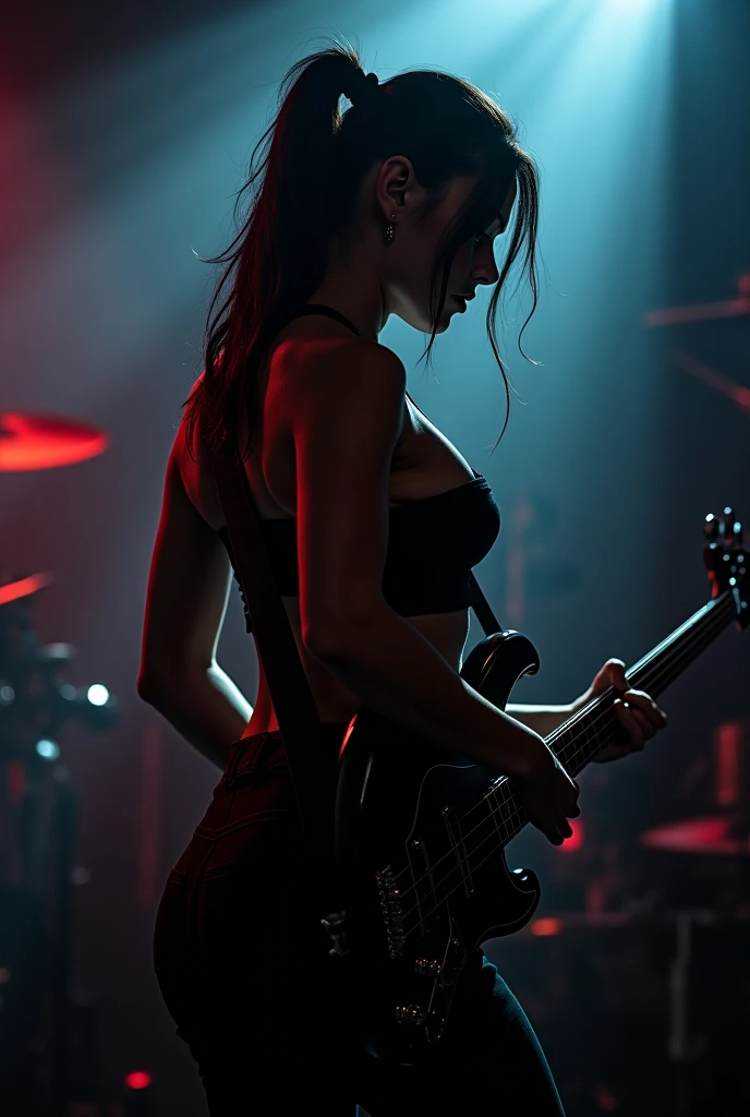 Kitana from Mortal Kombat playing the electric guitar in lingerie.