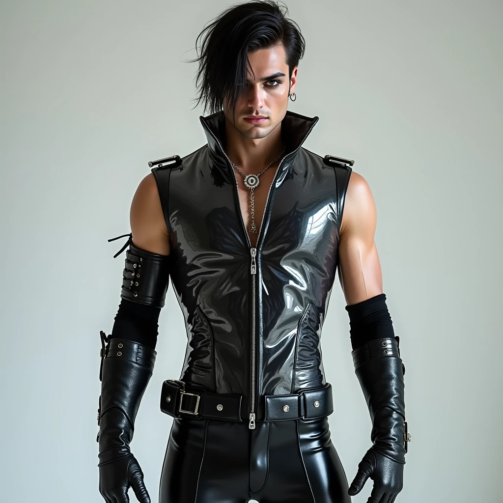 25-year-old androgynous young man in the style of DC Comics "Wolf" - an intergalactic anti-hero, known for his cruelty and sarcastic behavior.. He is depicted as an alien humanoid with pale white skin., long black hair, and a muscular physique in tight pants. Her bright red eyes give her a menacing appearance... Often dressed in an open black leather vest., tight pants,belt holster and heavy boots, he has a punk rock look. His tattoos and scars all over his body highlight his hardened character..,