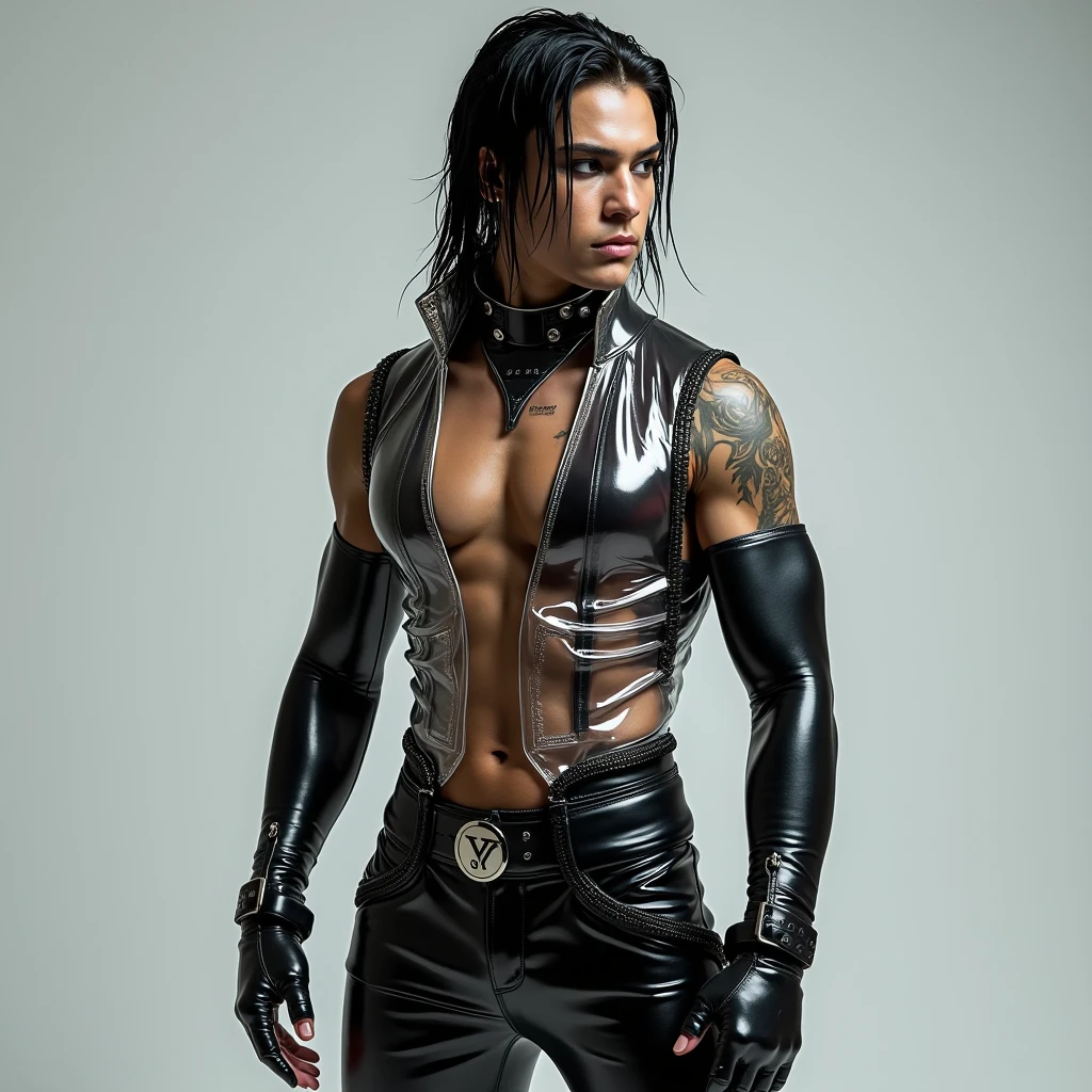 a masculine 30 years old guy who wear a dark hat like gambit and very gothic with all dark make up, random pose and random dark place