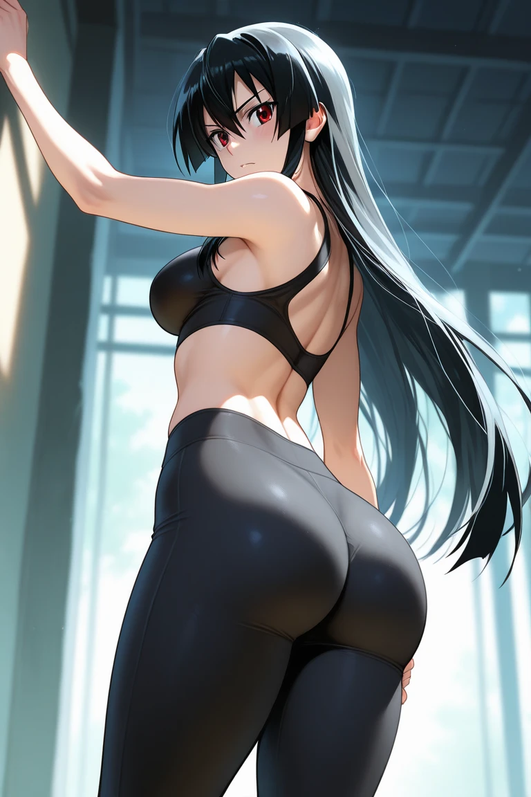 (obra-prima, melhor qualidade), alta qualidade, absurdres, highres, ultra detalhado, intrincado, mulher bonita, 1girl, kafka \(honkai: star rail\), star-kafka, olhando para o espectador, from behind, looking behind, bunda, tonificado, sports bra, leggings, high-waisted pants, yoga pants, cabelo roxo, olhos marroms, cabelo entre os olhos, ao ar livre, scientific fiction, cidade,