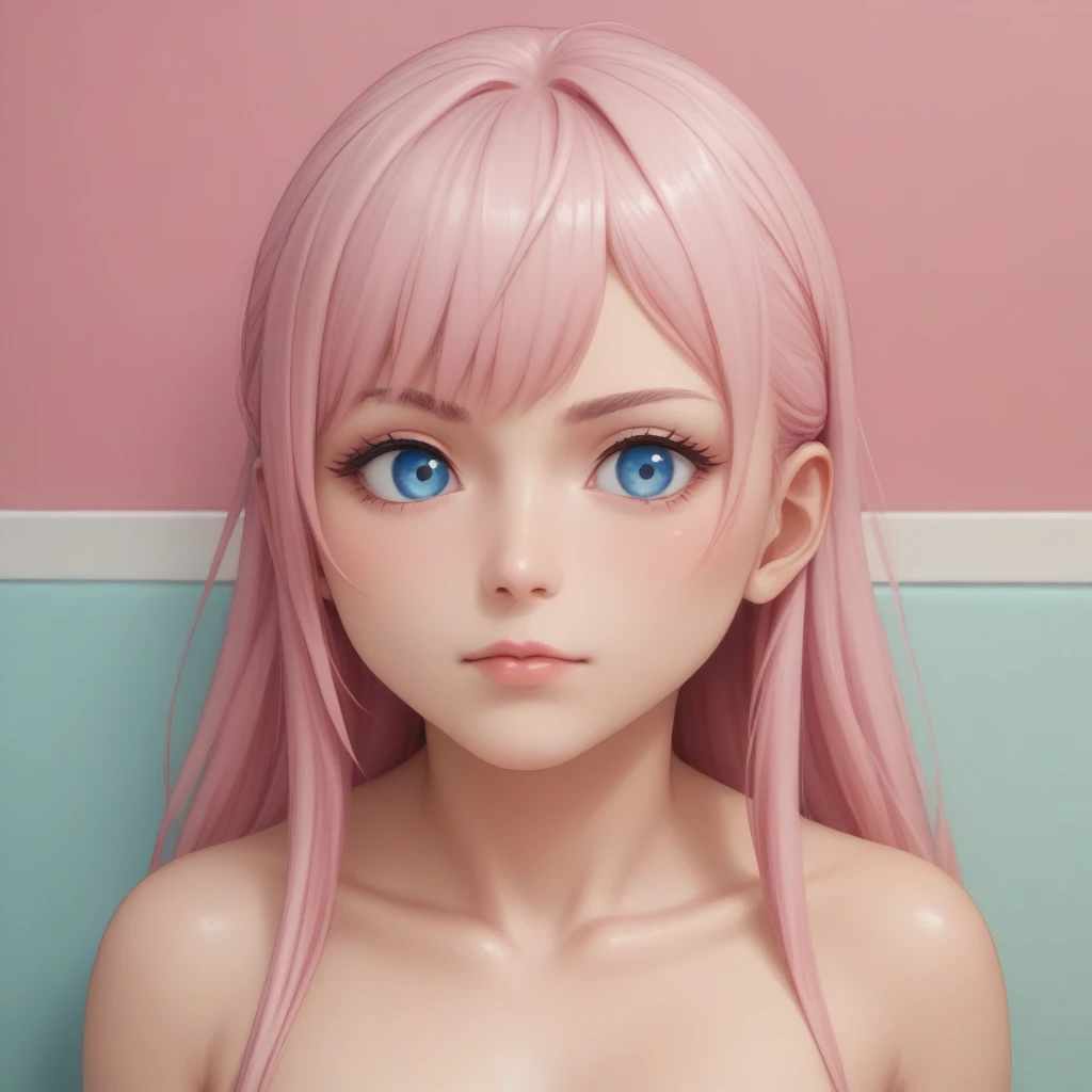 A close-up of a woman with pink hair and a white bra, Pink hair and cyan eyes., pastel pink skin tone, a sheep, pink skin, anime style 3d, second life avatar, detailed anime soft face, smooth fur, ethereal bronzed vaporous skin, 3d anime girl, semi realistic anime, realistic 3d anime
