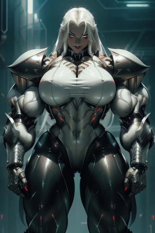 ((Close-up)), tall, (White hair) beautiful muscular woman, long straight hair, light brown skinned, closed smile, (black lipstick), (massive muscles), (hyper muscle), (ginormous bulky muscles), glowing blue eyes, ((full white cybernetic suit of armor)), (cybernetic pants), choker, boots, in a neon city,
