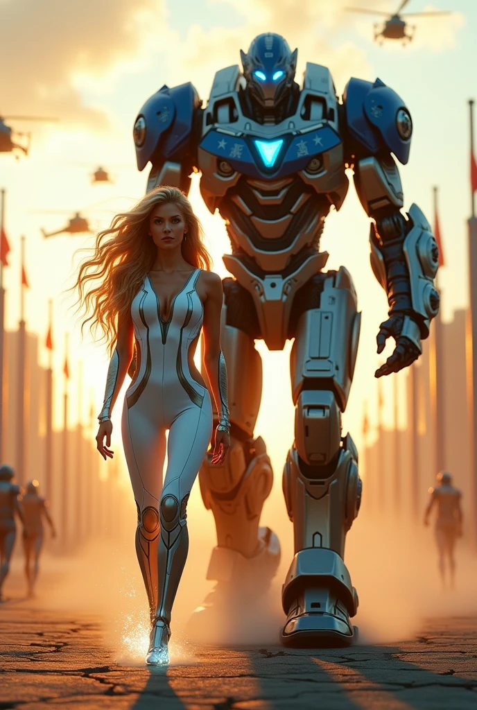 Masterpiece, Best Quality, Detail, A beautiful superheroine small breasts long blonde hair blue eyes she fights against a giant robot action full body