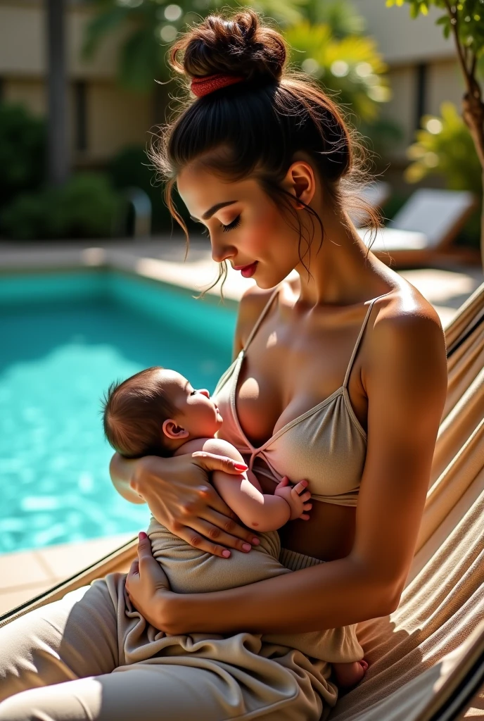 MILF breastfeeds her baby in the swimming pool