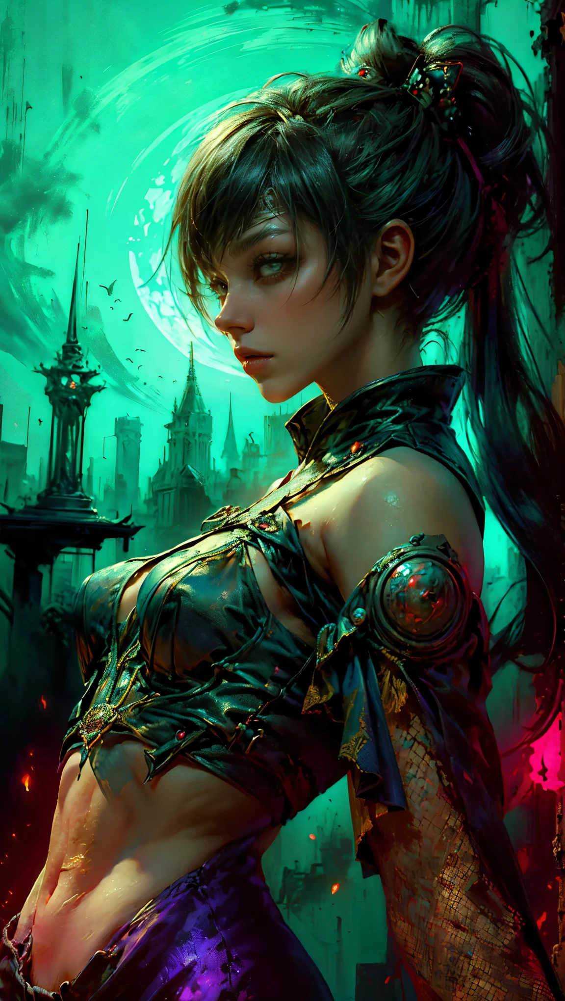 Masterpiece,Best quality, A still from a dark fantasy movie from the 90s,(pastel colour, dim colors, soothing tones:1.5),blend, Medium shot, Bokeh, (hdr:1.4), Masterpiece,conceito, 4K, HD, Cute girl in lingerie, Oriental dancer dress, Bare belly, black colored leggings, (Cinematic, Red and black :0.85), dramatic pose, skinny pants, Sitting, Cyberpunk, Red machine moon in background