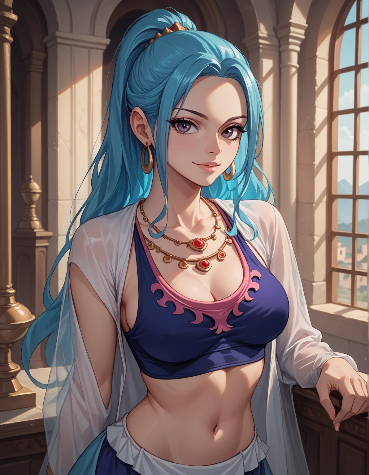 A mesmerizing surreal illustration of a young japanese woman resembling Mei Mei. She has white hair, purple eyes, and wears a vibrant pastel colored outfit adorned with intricate floral patterns. She has a smooth, warm complexion, and bold, colorful tattoos cover her arms and legs. The tattoos feature traditional Japanese motifs like flowers and mythical creatures, rendered with meticulous detail in a pastel color palette. The background is a vintage floral-patterned wallpaper that complements the artwork's colors. The line work is precise, with delicate shading that gives the illustration a 3D quality. The artwork fuses modern illustration techniques with traditional Japanese aesthetics, resulting in a visually striking, portrait, mei mei, long hair, very long hair, braid, hair over one eye, braided ponytail, ((front braided bangs covering one eye)), purple eyes ,big breasts, slender, arms behind back, white panties, cleavage,