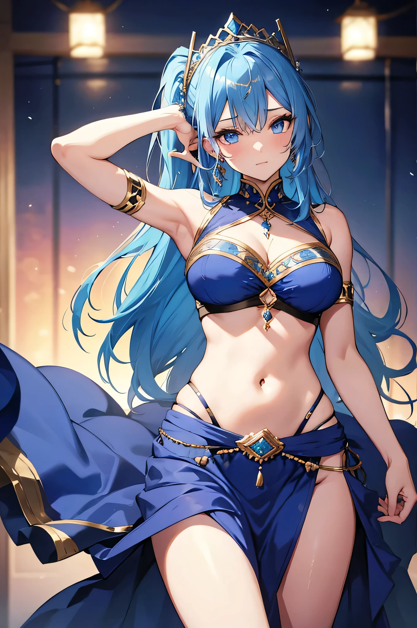 shikimori, medium breast, slim legs, blue gown, navel, skirt, standing, beautiful eyes, blue eyes, happy, arabian belly dancer, stage, lying
