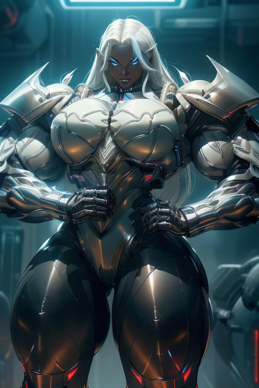 ((((Massive, beautiful, buff, light brown skinned muscular woman with white hair, black lipstick, ginormous bulky muscles wearing a white, black mechanized Batwoman suit with a cape and black tight pants)))), vascular body, massive muscle, massive biceps, hyper muscle triceps, (long straight hair), blue eyes, black gloves, spiked gauntlets, high heels boots, city, at night, closed smile, hyper muscles arms, hyper muscle legs, massively buff arms.