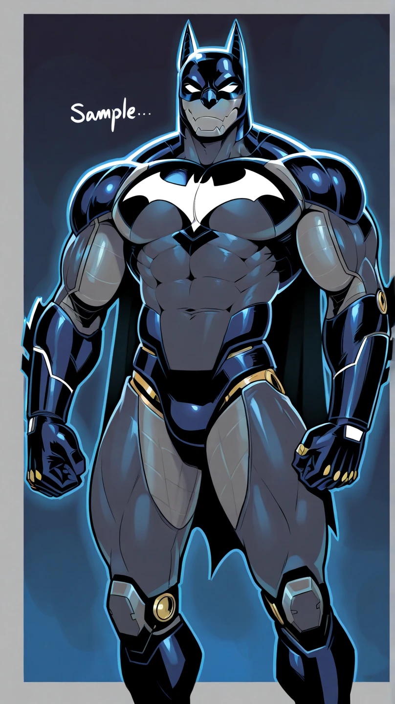 Huge muscles,Devilish wings,Devilish horns,Clear liquid dripping from penis,black costume,Huge erect penis,Ready your weapon,An angel cloaked in evil aura,The color of the face is Caucasian skin tone.,A suit with white and blue lightning bolt lines,Blue black hair with bright blue streaks