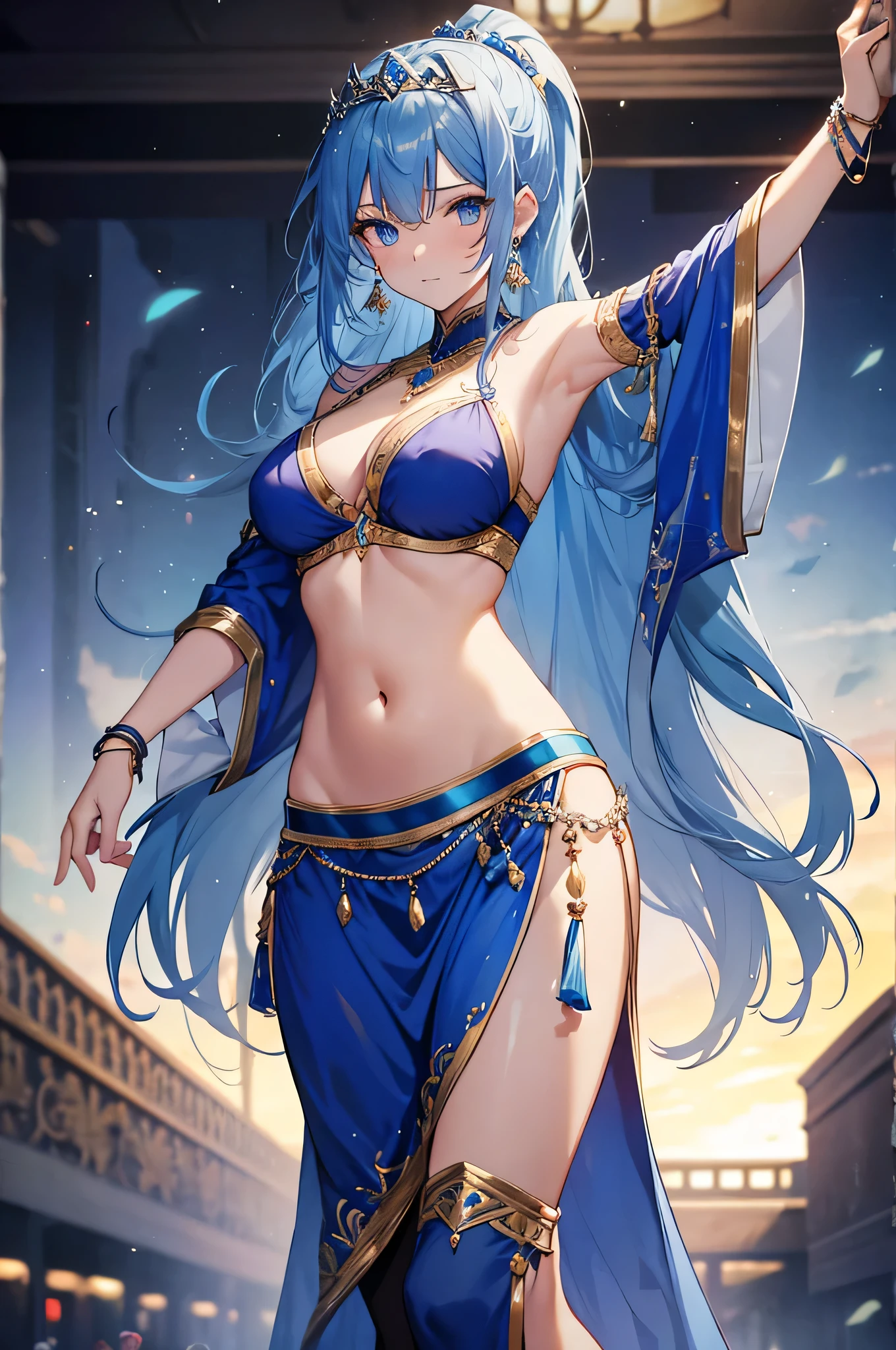 Girl, long dark iridescent hair, iridescent eyes, large thighs, small waist, small breast, black and white middle Eastern wear