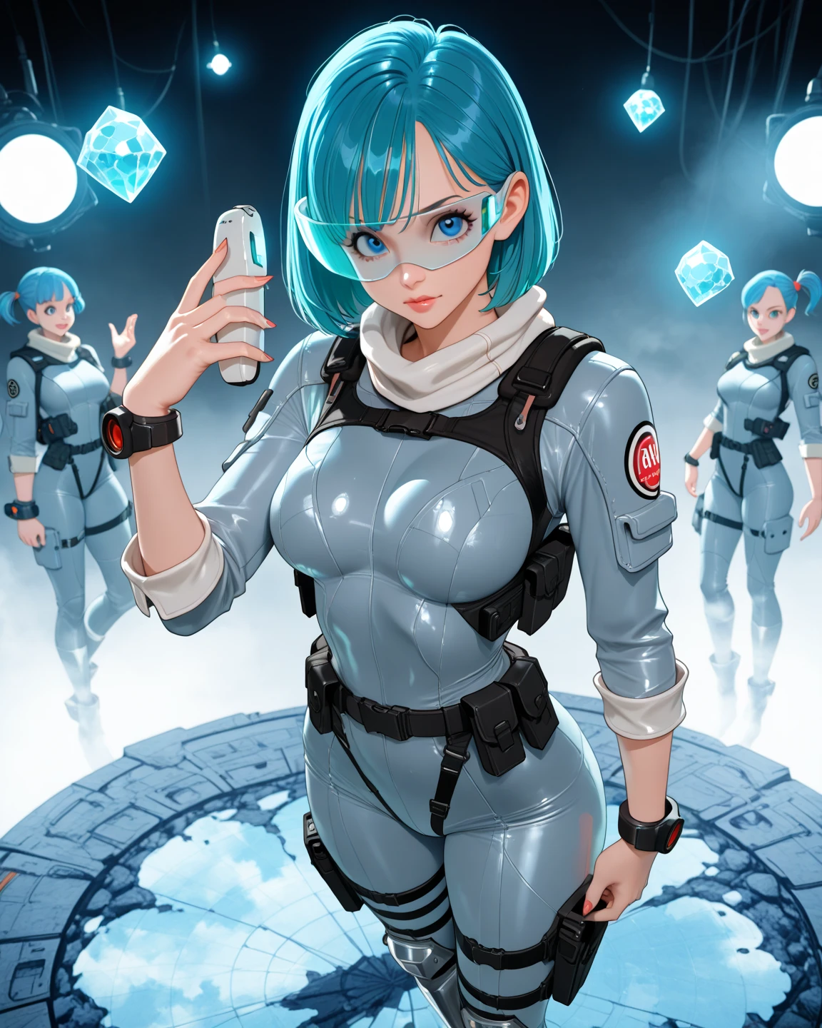 portrait closeup lone (buruma_brief_older Buruma_DBZ_Buu)1.4, (cleavage large_breasts, dressed as RR army member), standing, front view, (high detailed skin:1.2)(realistic pupils,realistic iris:1), 8k, aqua_hair
