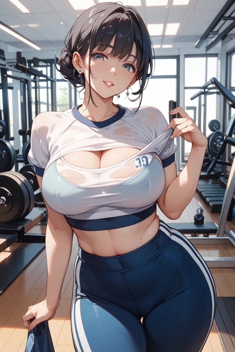 Realistic, One girl, blush, compensate, A light smile, Sportswear, skirt, Wet clothes, shine, Thighs, Purple eyes, Bare shoulders, clavicle, Tight waist, Cleavage, (masterpiece), Sweat,(Highest quality, 8K, 32k, masterpiece, Ultra-high resolution: 1.2), 1 Girl, Beautiful Japanese Woman,Age 25,Close-up of chest, errect nipples,thinウエスト, Attractive Office Lady,Sports Bra,sports gym , Are standing ,Leaning forward,Beautiful Face, Brown Hair, Bob Hair, Saggy eyes, Slender figure,Cleavage, thin, whole body, Detailed expression down to the fingertips,セクシーなThighs, One Woman, alone, A charming smile,Sweatで輝く肌