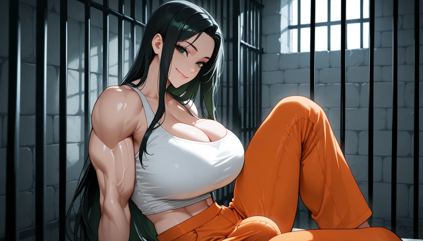 Girl, smile, red lips, long hair, black hair colors, big nose, big tits, sexy pose, sexy body, fair skin, wear earrings in the ears, wearing a necklace, black lingeria clothes, beautiful girl, blue eyeball, realistic, ((((huge muscles))))