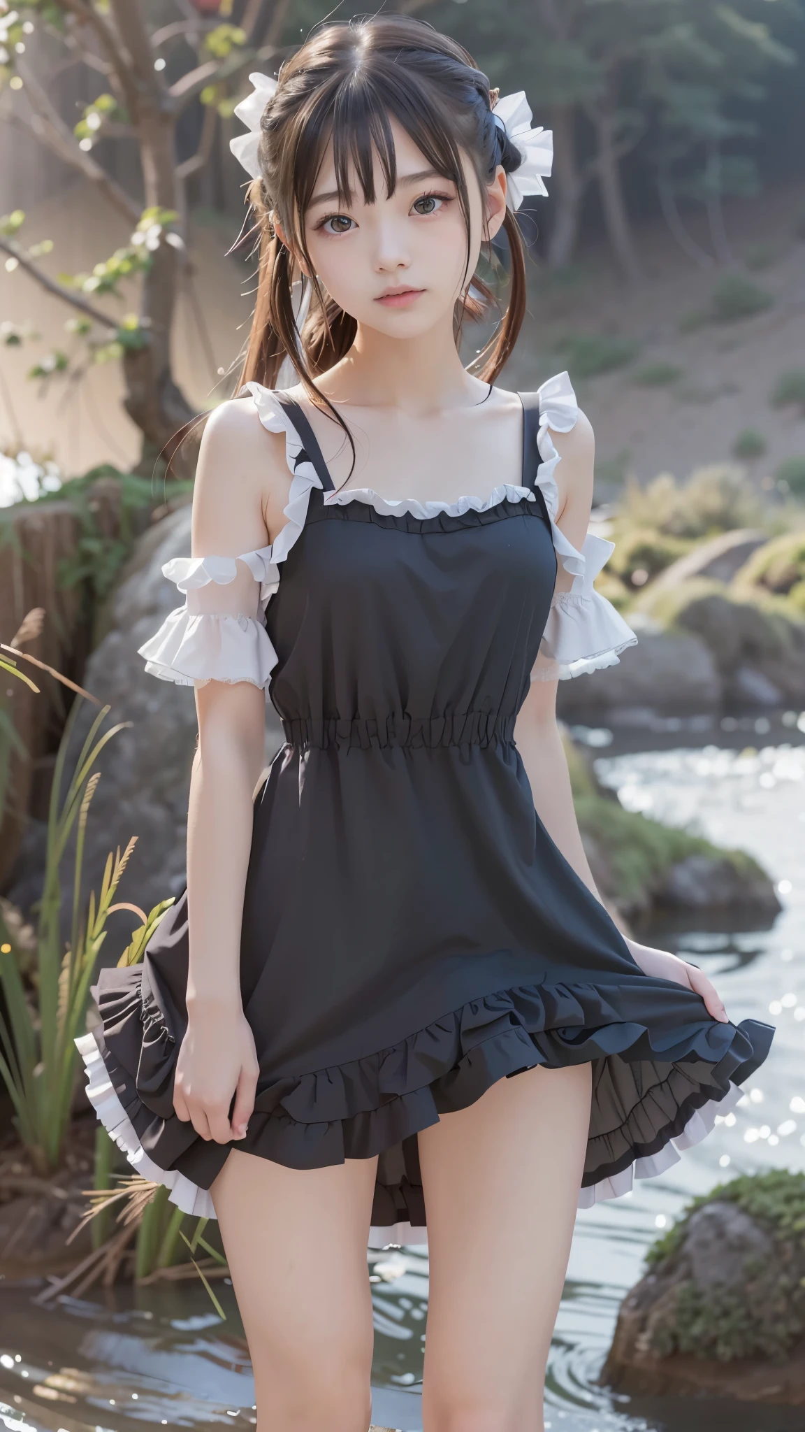 女性のIn a dressのクローズアップで、She's standing on a cliff,  In a dress,  frilly outfit, anime girl weaAlsog a black dress, weaAlsog black camisole outfit,  frill, cute and elegant poses for cannon photos, , in a close-up of an anime girl, Also, 8K 50mm ISO 10,   CINEMATIC COSTUME PHOTO  , black top, (detailed hands:1.3, perfect right hand:1.3)、(perfect anatomy:1.2)