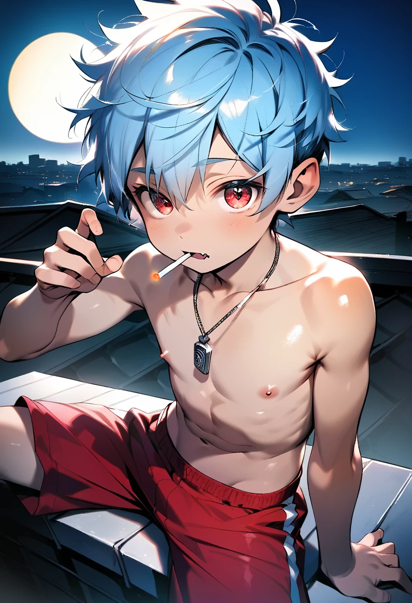 ((solo)), (boldline:-1.6), (smoking:1.6), (((bubble))), (sitting on bench:1.5), (spread legs:1.5), (((fang))), (((best finger))), BREAK (best quality:1.5), (absolutely resolution:1.5), (ultra detailed:1.5), (masterpiece:1.5), (perfect face), (detailed face), (detailed eyes), (best eyes), (cute face), (shota:2), BREAK (topless:1.5), BREAK (red short pants:1.5), (see throgh wet clothes:1.3), (bulge:1.6), (skinny:1.3), (spiked hair), BREAK (light blue hair:1.5), (wine red eyes:1.4), (eyes with highlight:1.6), ((mole under eye)), (sweaty skin), (chuckling:1.5), ((earrings)), (shiny skin:1.3), BREAK (garden), (building:1.5), (at twilight:1.5), ((wind blowing)), ((nipple)), abs, groin,