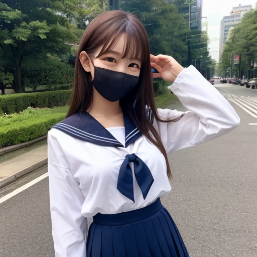 top-quality, masterpiece, Girl crouching on beautiful face, (photographrealistic:1.3), Rim lighting, (High Detail Skins:1.2), 8K UHD, Digital SLR, short cut hair、bangss、 hightquality, hight resolution, 4K, 8K, bokeh dof, absurderes, best ratio four finger and one thumb, (realisitic:1.3), pretty 1girl, Panchira、white panties、Taken from the front、food、White mask、white shirt、Gray vest、Blue Ribbon、short skirt of dark blue color、Dark blue socks、lowfers、校服、Schools
