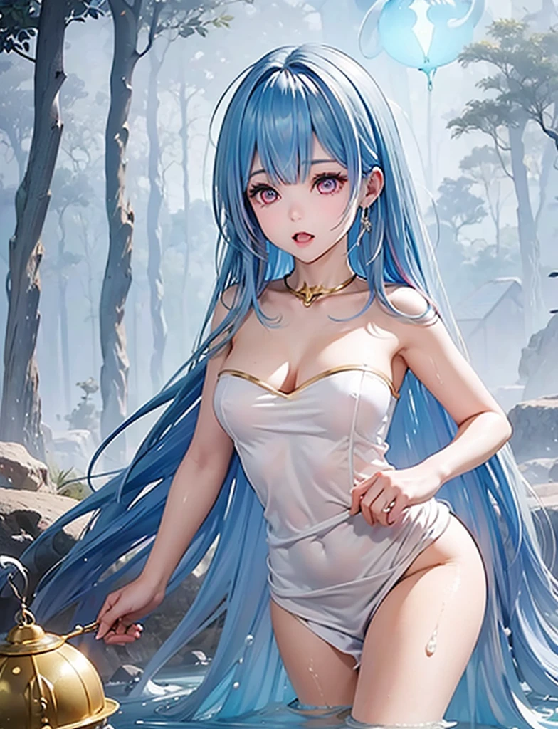 masutepiece, Detailed, Best Quality, Beautiful Girl, Shackles, stock, Troubled face, big pool (prison), sexy girl 1girl in, aqua from konosuba character, female, Blunt bangs, Big breasts, Amused expression, Looking at Viewer, big butt, mature body, very big , blue eyes, small thong, big butt, full body picture, cameltoe,micro transparent lace lingerie, nsfw, light blue hair , fully naked, cute pose, ((fully naked)), showing her nipples, full body image