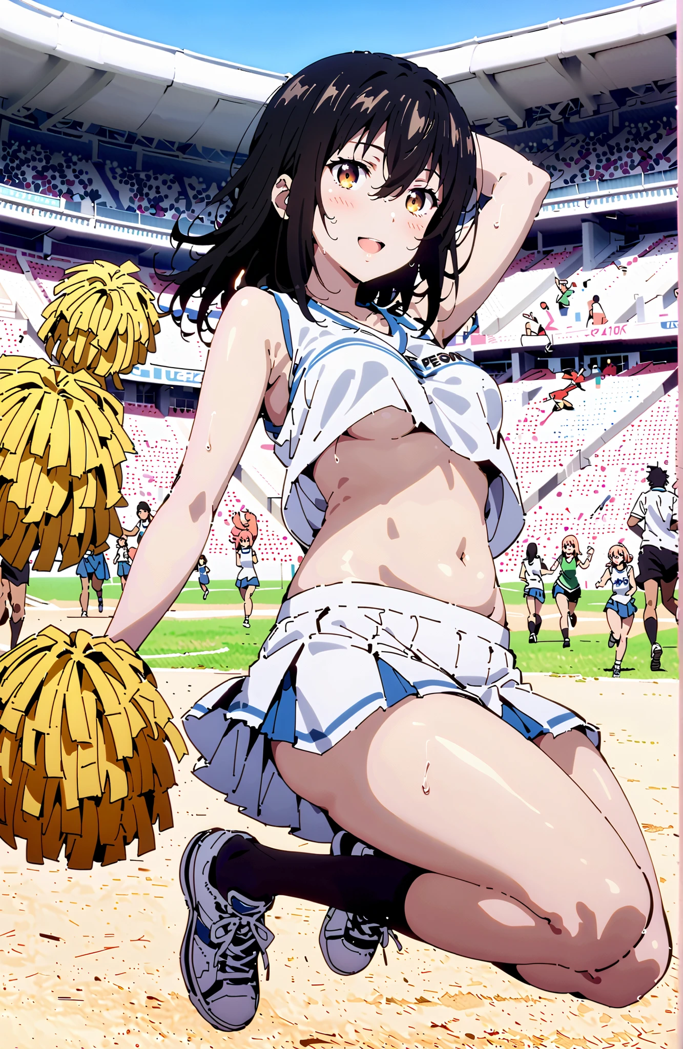 Yukina Himeragi,medium hair, solo,black hair, brown eyes in the bedroom, smile,blush,opens his mouth,Medium breast,(cheerleading), (full body),  on chest, (sweated), sweated Wet Clothes, (white clothes),sleeveless, pleated skirt,black socks,sneakers,belly button out, playground, (jump), (jump), 両足を曲げてjumpする, blue sky,  Compa, smile,cheerleader, Pom-pom \(cheerleading\) real hair ornaments,Under boob,angle from below,audience,arm up,full bodyがイラストに入るように,in their 40s outdoors,stadium,
in their 40s looking at viewer,full body,
in their 40s (masterpiece:1.2),Highest Quality ,Kampala,unity 8k 壁紙,(shape:0.8),( fine, beautiful eyes :1.6),It's a person ,full body写真,CG Details , (perfect hand in h,Complete Anatomy),