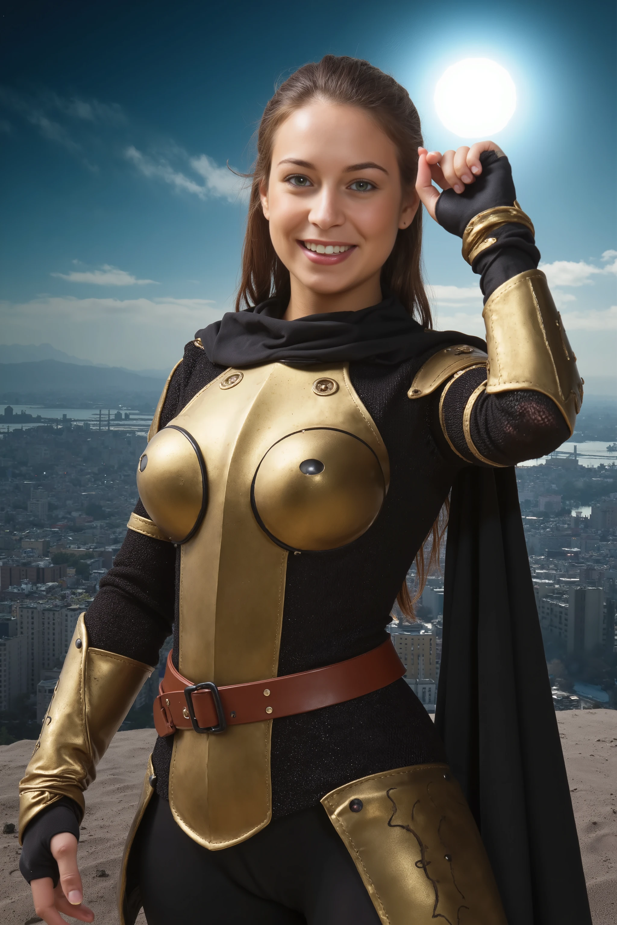 (Masterpiece, award winning, UHD, 16K, HDR, DSLR, photorealistic, very detailed), (Theme of knights of the zodiac, charismatic, there is a girl at the top of the city, wearing a golden gold Sagittarius knight armour, she is a superhero), full body, green eyes, fighting pose, armed with a longbow, show of strength, sandy urban environment, cityscape, night, (dynamic lights), (full moon) 