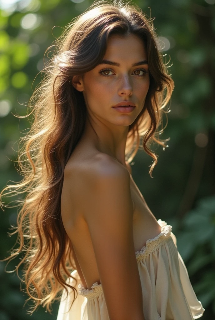 photorealistic, best quality, instagram model, (hyper detailed: 1.4), sexy sitting in the forest, view from the back, ((long brown hair:1.4)), brown eyes, Detailed eyes, wearing lingerie, beautiful european young woman, (Highly detailed face:1.4), exuding a natural glow, soft lightning, smilk, evening time, jaw-dropping beauty, shy, seductive, vivid colors