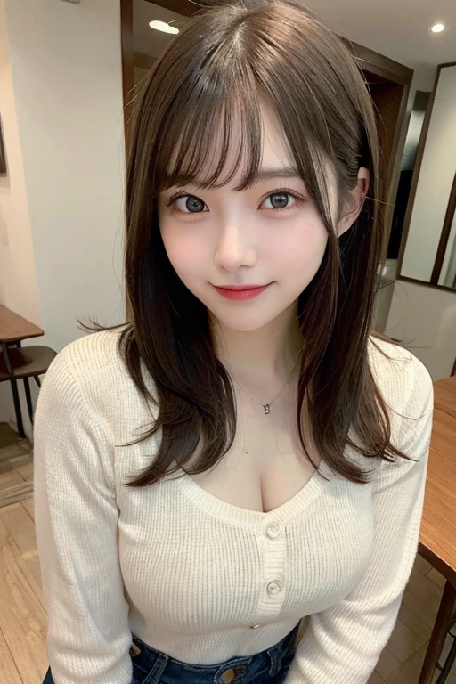 Tabletop, Highest quality, shape, Very detailed, finely, High resolution, 8k wallpaper, 完璧なダイナミックな構shape, Beautiful and exquisite, Medium Hair, Small breasts, Natural color lip, Random sexy poses,smile,20-year-old girl、Midnight、Beautiful and elaborate face、Perfect and beautiful face,Big eyes、RAW Photos、A feminine pose using the whole body、Beautiful and exquisite、Japanese office lady style、White shirt and mini skirt、Her chest is wide open、Tight face and figure,Beautiful golden ratio face,Twin ponytail
