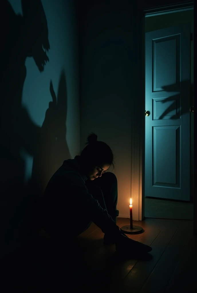The woman is crouched on the floor of the dark basement. She holds her knees with her arms, looking anxiously at the man in front of him. The soft light of a candle illuminates only part of her face, highlighting his frightened eyes and the shadow of tension on his face. The surrounding environment is gloomy, with raw concrete walls and old boxes stacked in the background.
