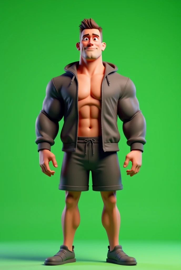 Estilo Pixar: olhos castanhos, homem de 30 anos, Cabelos castanhos,Muscular and athletic body,cabelos cortados em gradiente,with medium brown beard with gradient,com brincos de diamante,Tattoo on left forearm and anchor tattoo on left calf and training in the gym.