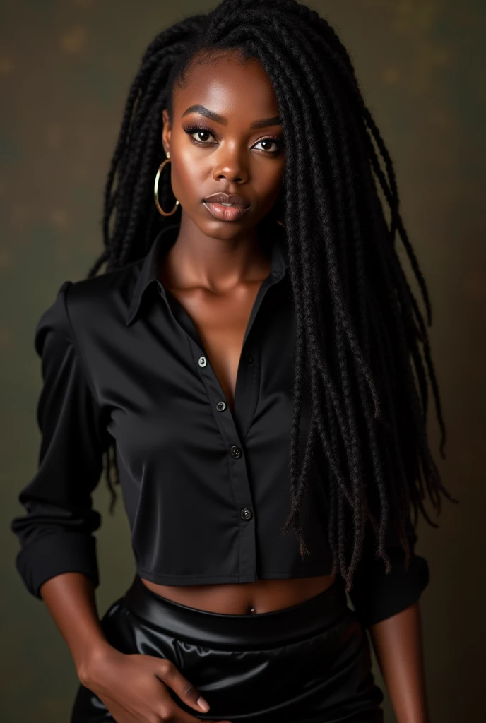 (8k, Photo brute, Highest quality), Beautiful Ebony Girl, Corps entier, Poils sarcelle, yeux sarcelle, triste, gros plan, robe, (detailled eyes:0.8), (looking at the camera:1.4), (Highest quality), (meilleure ombre), Intricate details, interior, Studio sombre, muted colors, (Contraste To8Style), debout dans la cuisine