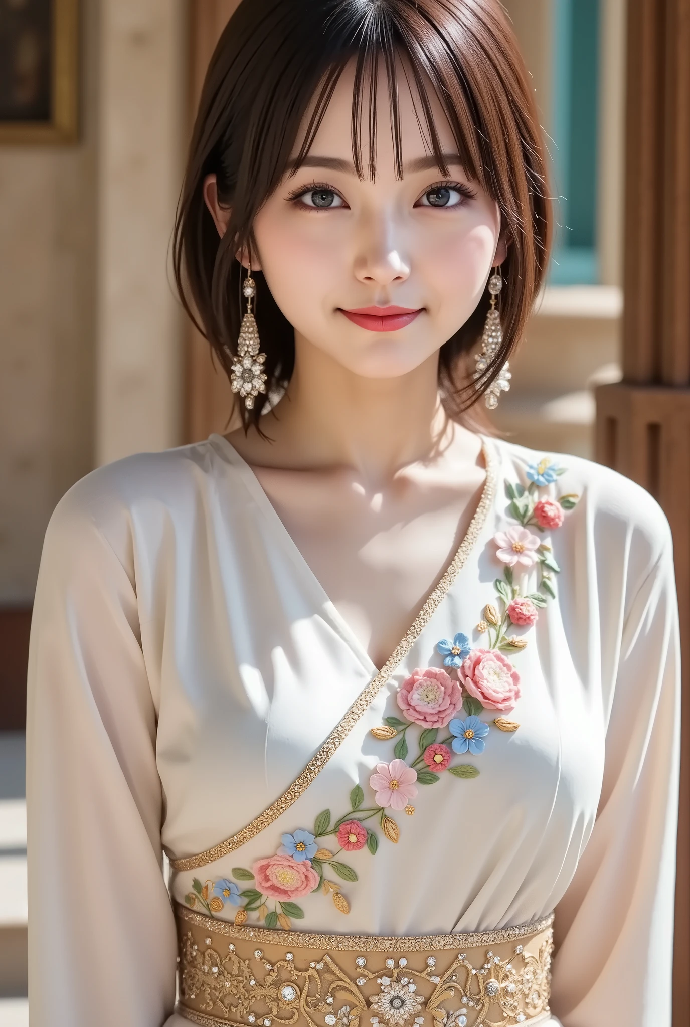 firm , cleavage, by adjusting the framing so the subject's full head is visible within the composition, a highly detailed and realistic digital illustration of a female character in a stylized military-inspired fantasy outfit, realistic high-resolution photograph of a woman standing in front of an ornate, arched architectural background, captured just below the shoulders, positioned entirely within frame to avoid head cropping. she is wearing an elegant long-sleeve ivory blouse with a pointed collar and soft draping fabric that gathers naturally at the waist. the blouse is richly adorned with embroidered floral patterns in pastel shades of pink, blue, and gold, arranged diagonally across the and along the shoulders. the embroidery is detailed with golden thread and tiny beaded accents that catch light subtly, giving the garment a luxurious and refined appearance. the fabric has a soft matte finish, with slight folds and tension across the shoulders and upper sleeves that suggest realistic movement and weight. a wide ornamental belt cinches the waist, made of golden fabric densely decorated with small gemstones and metallic embroidery, forming a cohesive accent that matches the floral embellishments. she wears large dangling earrings that shimmer with crystal detail, complementing the sophisticated and aristocratic tone of the ensemble. the background includes carved stone or plasterwork in an arched frame, with dark teal and gold accents that echo the embroidery colors and provide a classical setting. lighting is soft and diffused, illuminating the textures of the blouse and accessories while casting natural shadows to emphasize depth. ensure her full head is completely within frame and the background details such as the arched frame, wall texture, and lighting gradients are clearly visible. the focus is on photorealistic textile detail, precise embroidery, and ambient lighting that enhances the regality of the outfit and the historical architectural bac