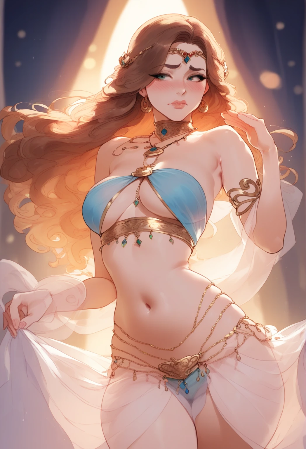 ((masterpiece)), (best quality), (Work), Art Nouveau watercolor painting , moon goddess , big breasts,The nipples are prominently prominent,Ultra-thin bra,thong,Show belly button,exposed camel toe,big eyes, long, thick eyelashes, plump lips, dark red eyes, hair long and thick, high ponytail, chubby, flowery_background, Intricate designs and patterns in the style of Alphonse Mucha.from behind