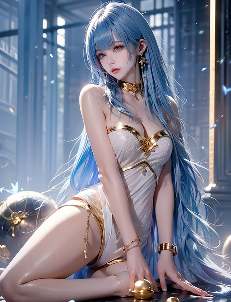 (((anime-style art))), (fantasy-themed), (((high resolution))), masterpiece,((female illusionist)), (in her (30s)). busty figure, beautiful eyes, beautiful face, beautiful expressions, long hairs, ((midnight robe made with thin fabric and nets, light blue hairs, shrouded in illusion magic,)(((three-quarter shot)))